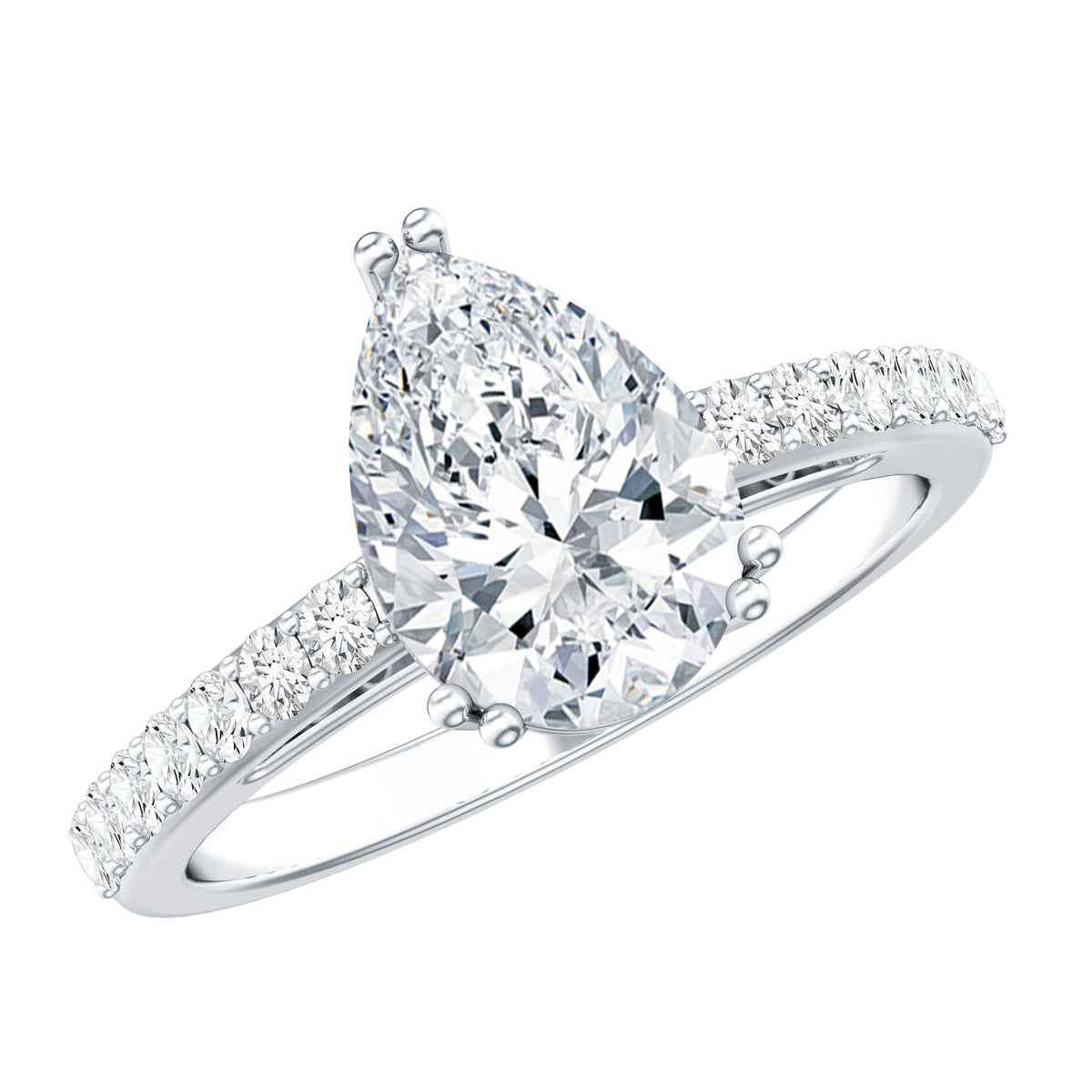 Certified 2 Carat Moissanite Pear Shaped Engagement Ring with Side Stones