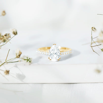 Certified 2 Carat Moissanite Pear Shaped Engagement Ring with Side Stones