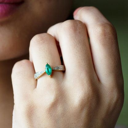 Genuine Emerald Diamond Marquise Engagement Ring with Pinched Shank