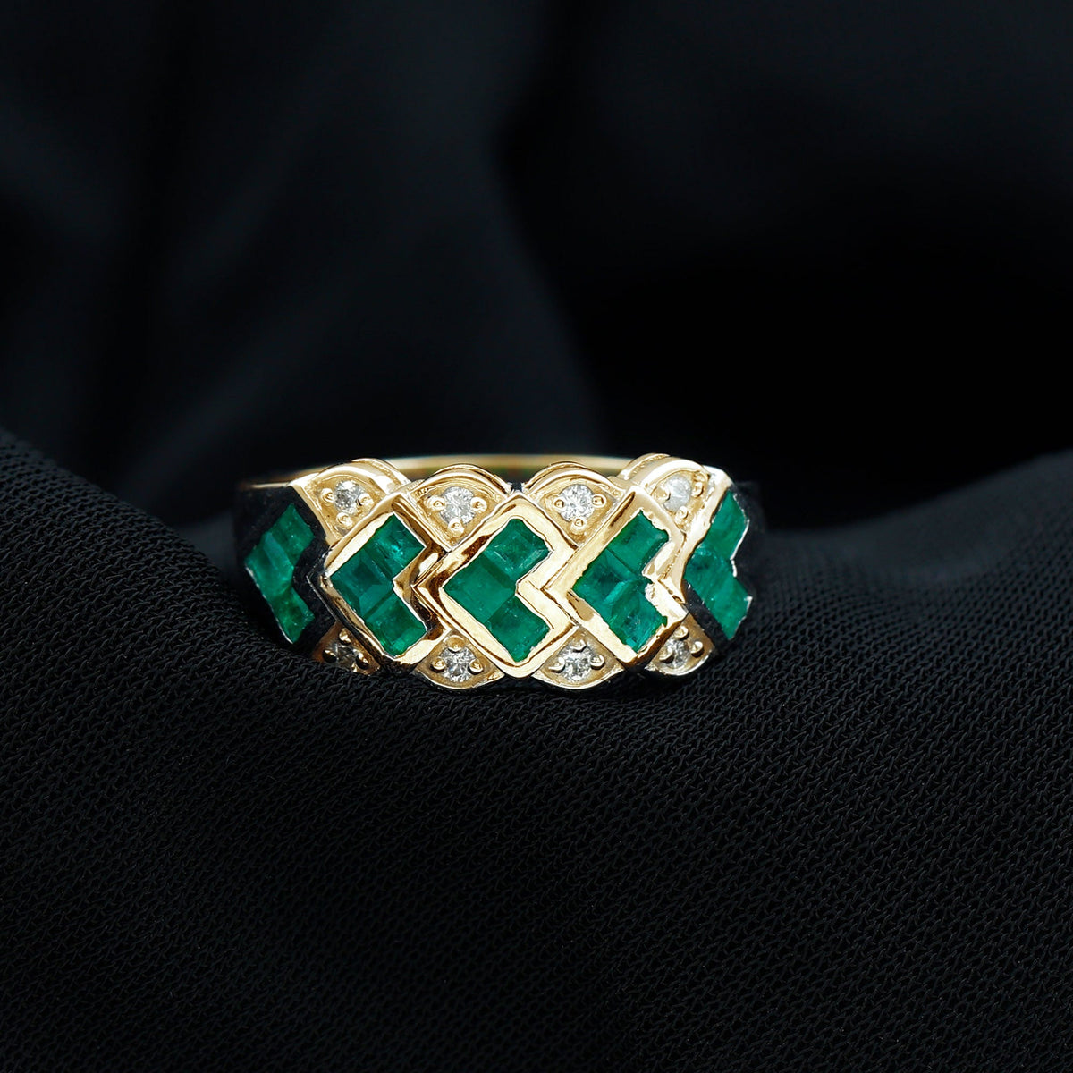 Princess Cut Emerald Statement Wedding Band with Diamonds
