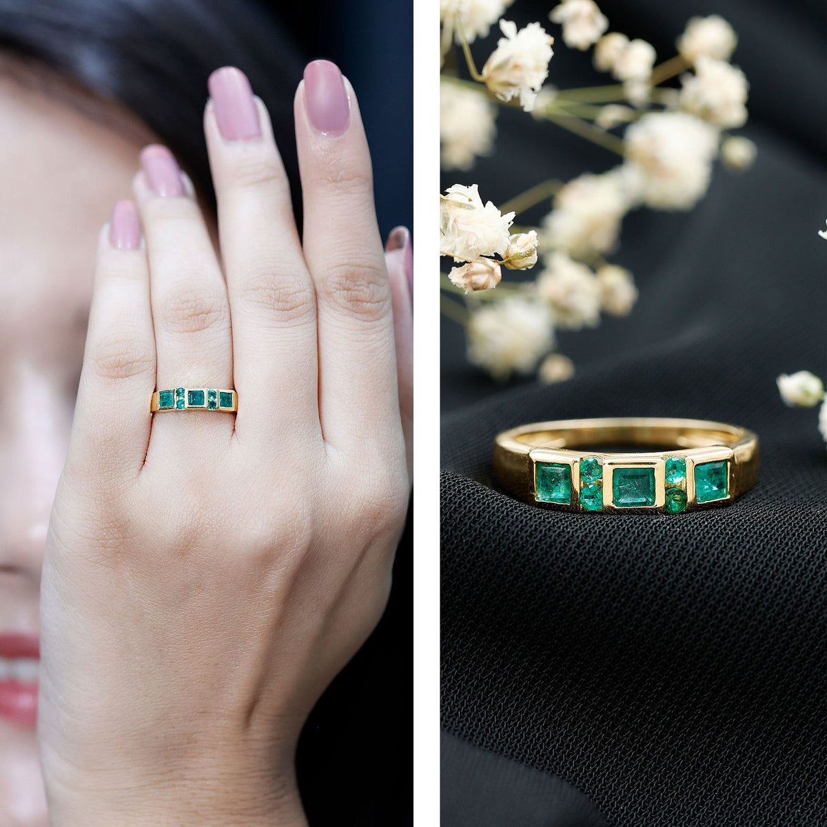Natural Emerald Princess Cut Band Ring