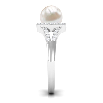 Split Shank Freshwater Pearl Engagement Ring with Diamond Halo