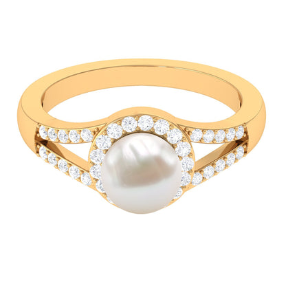 Split Shank Freshwater Pearl Engagement Ring with Diamond Halo