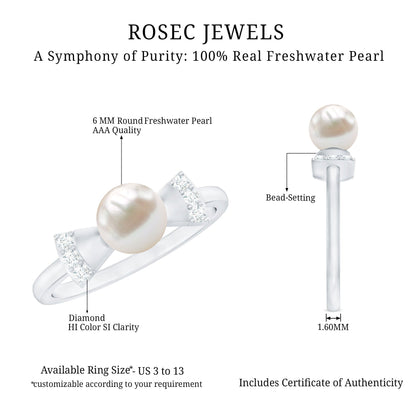 Natural 2 Carat Freshwater Pearl Diamond Engagement Ring with Bow