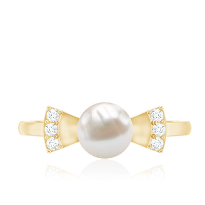 Natural 2 Carat Freshwater Pearl Diamond Engagement Ring with Bow
