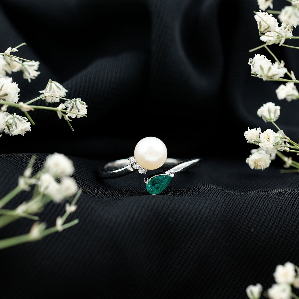 Cultured Freshwater Pearl and Emerald Toi Et Moi Promise Ring