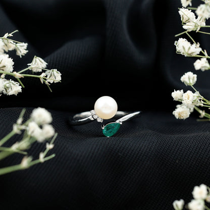 Cultured Freshwater Pearl and Emerald Toi Et Moi Promise Ring