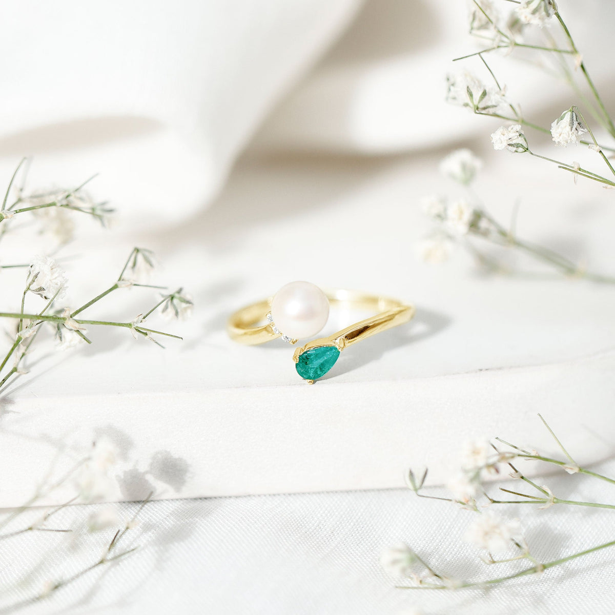 Cultured Freshwater Pearl and Emerald Toi Et Moi Promise Ring