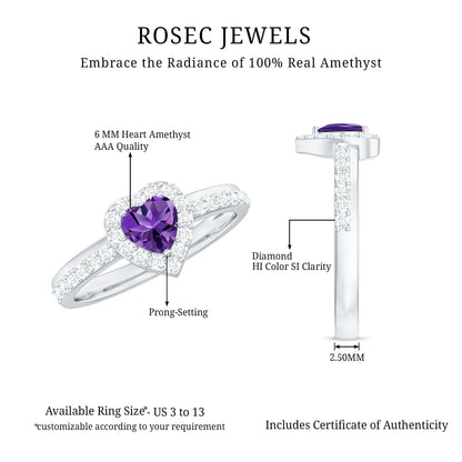 Heart Shape Amethyst and Diamond Halo Engagement Ring