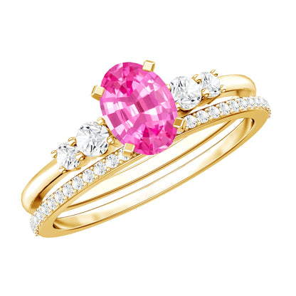 1.5 Carat Oval Cut Solitaire Created Pink Sapphire Ring Set with Diamond