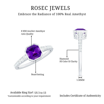 Bezel Asscher Amethyst Solitaire Ring with Diamond Side Stones