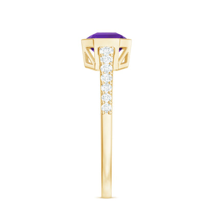 Bezel Asscher Amethyst Solitaire Ring with Diamond Side Stones