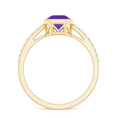 Bezel Asscher Amethyst Solitaire Ring with Diamond Side Stones