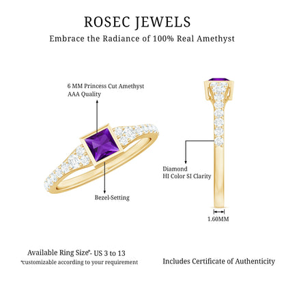 1.2 Carat Bezel Set Amethyst Solitaire Promise Ring with Diamond