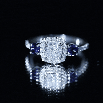 Certified 1.7 Carat Cushion Cut Lab Grown Diamond Engagement Ring with Blue Sapphire