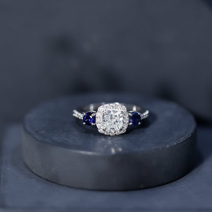 Certified 1.7 Carat Cushion Cut Lab Grown Diamond Engagement Ring with Blue Sapphire