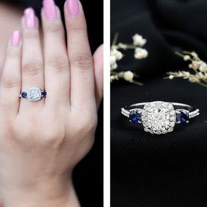 Certified 1.7 Carat Cushion Cut Lab Grown Diamond Engagement Ring with Blue Sapphire
