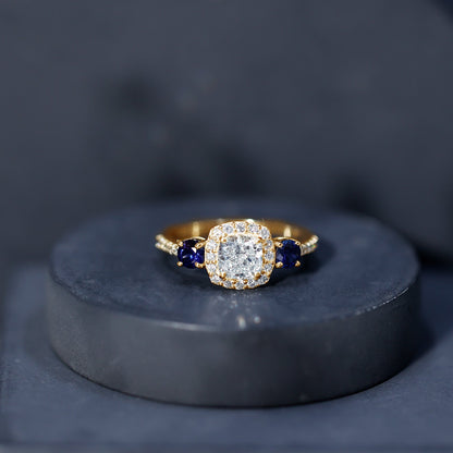 Certified 1.7 Carat Cushion Cut Lab Grown Diamond Engagement Ring with Blue Sapphire
