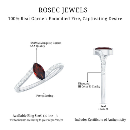 Natural Marquise Garnet Promise Ring with Diamond Bypass Shank