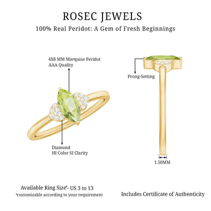 Natural 0.7 Carat Marquise Peridot Promise Ring with Diamond