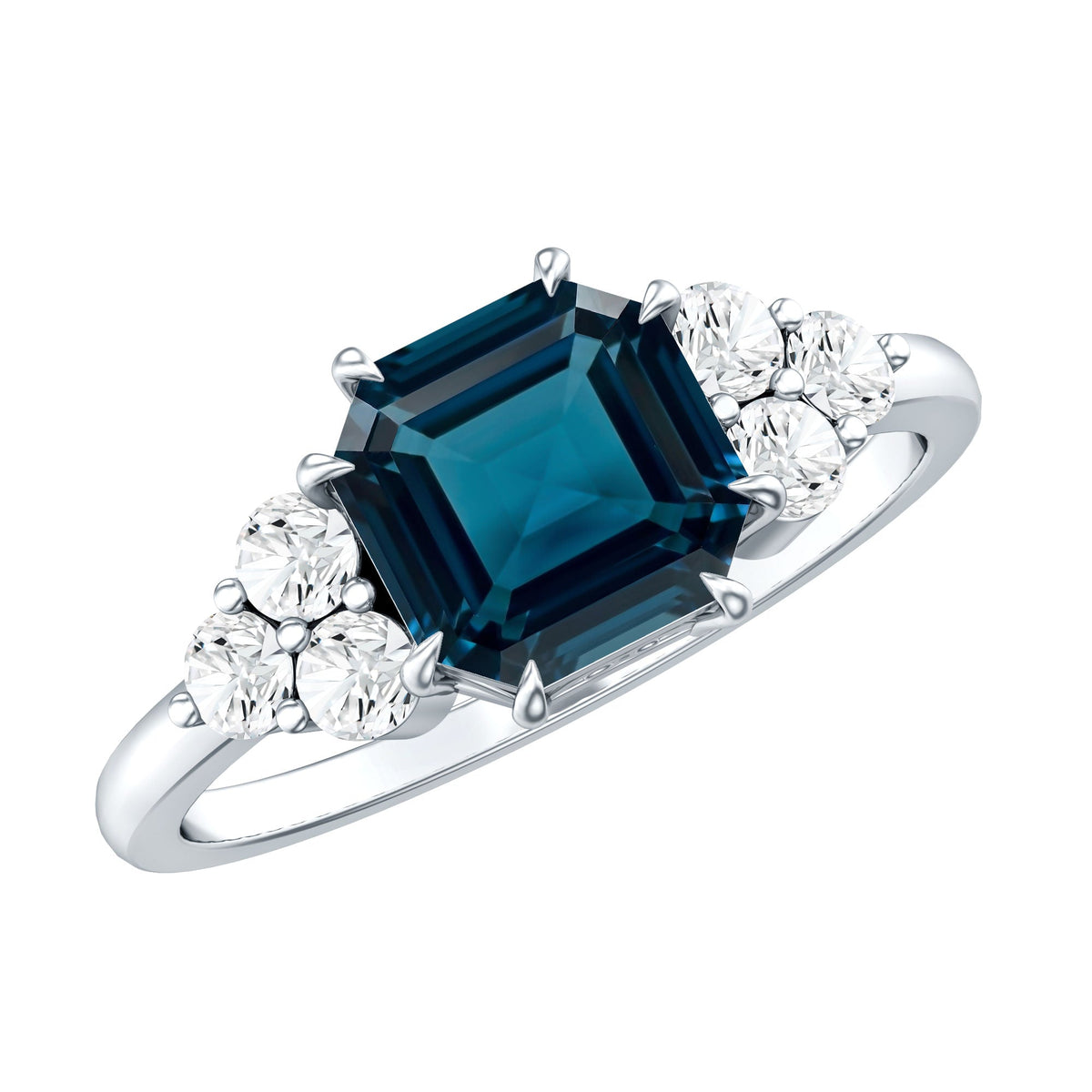 Asscher Cut London Blue Topaz Solitaire Engagement Ring with Diamond Trio