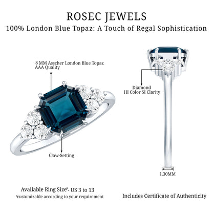 Asscher Cut London Blue Topaz Solitaire Engagement Ring with Diamond Trio