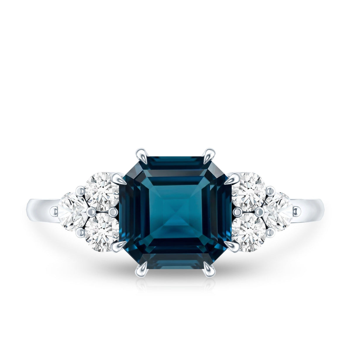 Asscher Cut London Blue Topaz Solitaire Engagement Ring with Diamond Trio
