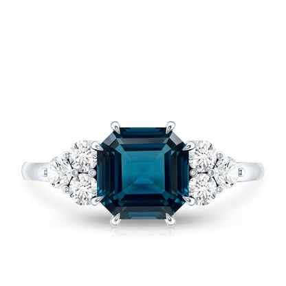 Asscher Cut London Blue Topaz Solitaire Engagement Ring with Diamond Trio