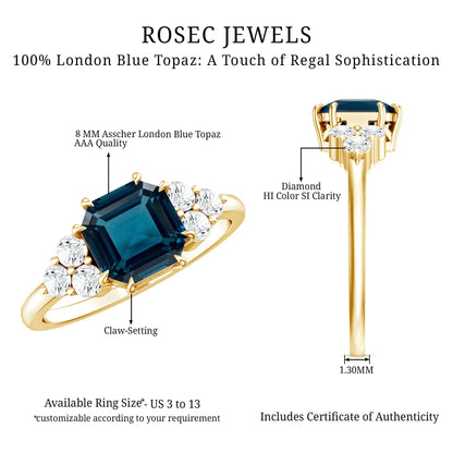 Asscher Cut London Blue Topaz Solitaire Engagement Ring with Diamond Trio