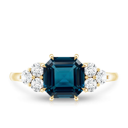 Asscher Cut London Blue Topaz Solitaire Engagement Ring with Diamond Trio