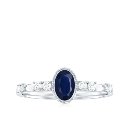 Vintage Looking Blue Sapphire Oval Engagement Ring with Diamond