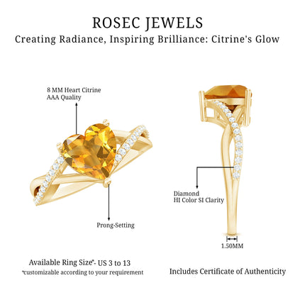 Natural 2 Carat Citrine Heart Engagement Ring with Diamond Crossover Shank