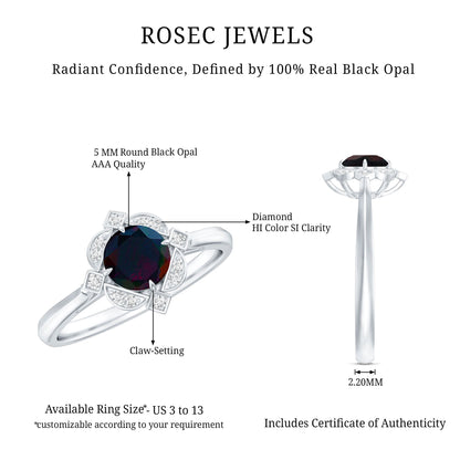 Vintage Inspired Black Opal and Diamond Engagement Ring