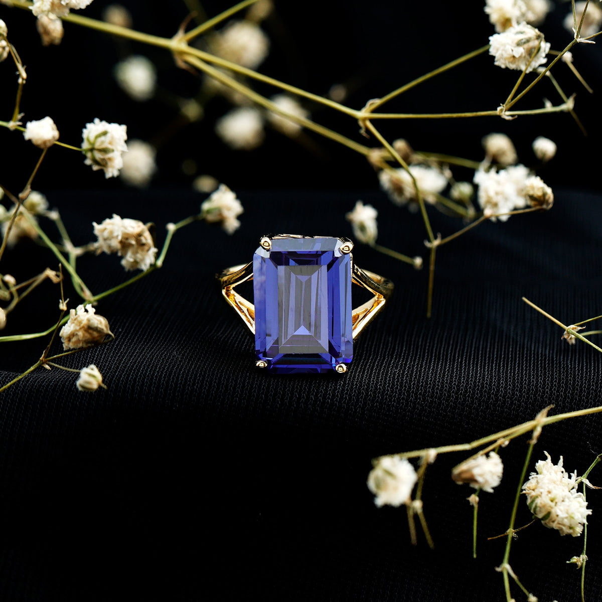 8 Carat Lab Created Tanzanite Emerald Cut Engagement Ring with Split Shank