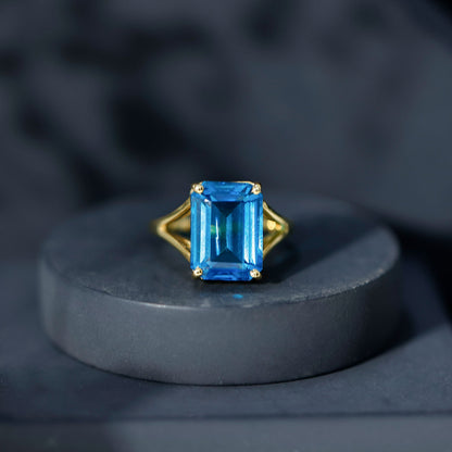 8 Carat Lab Grown London Blue Topaz Emerald Cut Engagement Ring in Silver