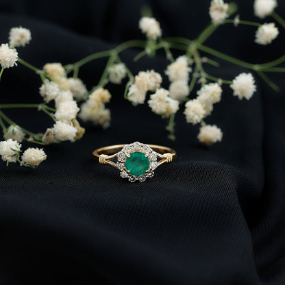 Emerald Nature Inspired Engagement Ring with Diamond Halo