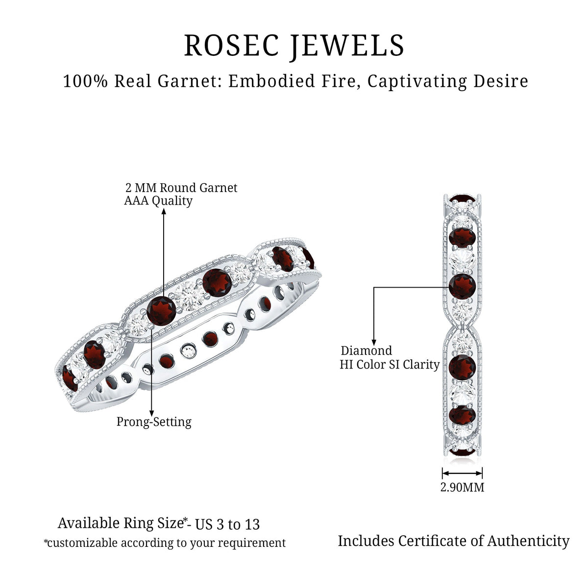 Vintage Inspired Garnet Eternity Ring with Diamond