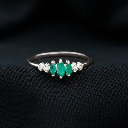 Marquise Emerald and Diamond 3 Stone Anniversary Ring for Women