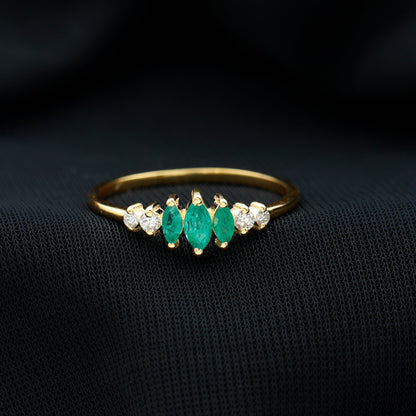 Marquise Emerald and Diamond 3 Stone Anniversary Ring for Women