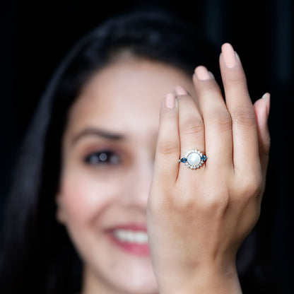 8MM Freshwater Cultured Pearl Designer Engagement Ring with Blue Topaz