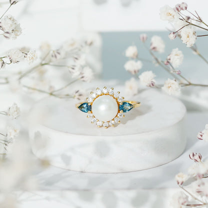 8MM Freshwater Cultured Pearl Designer Engagement Ring with Blue Topaz