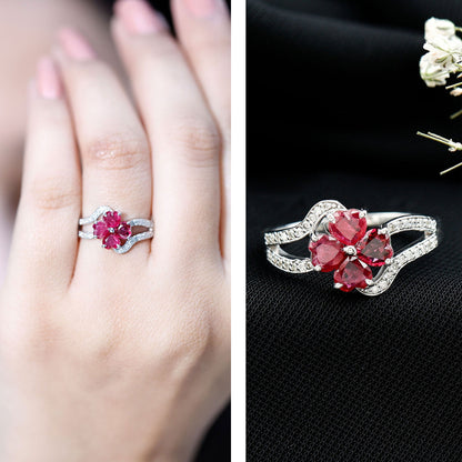 Real Ruby Flower Engagement Ring with Diamond Split Shank