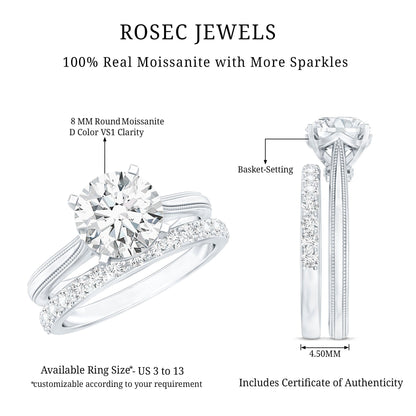 Brilliant Cut Moissanite Engagement Ring and Wedding Band
