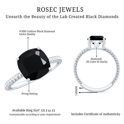 2.8 Carat Cushion Cut Lab Grown Black Diamond Engagement Ring with Surprise White Diamond
