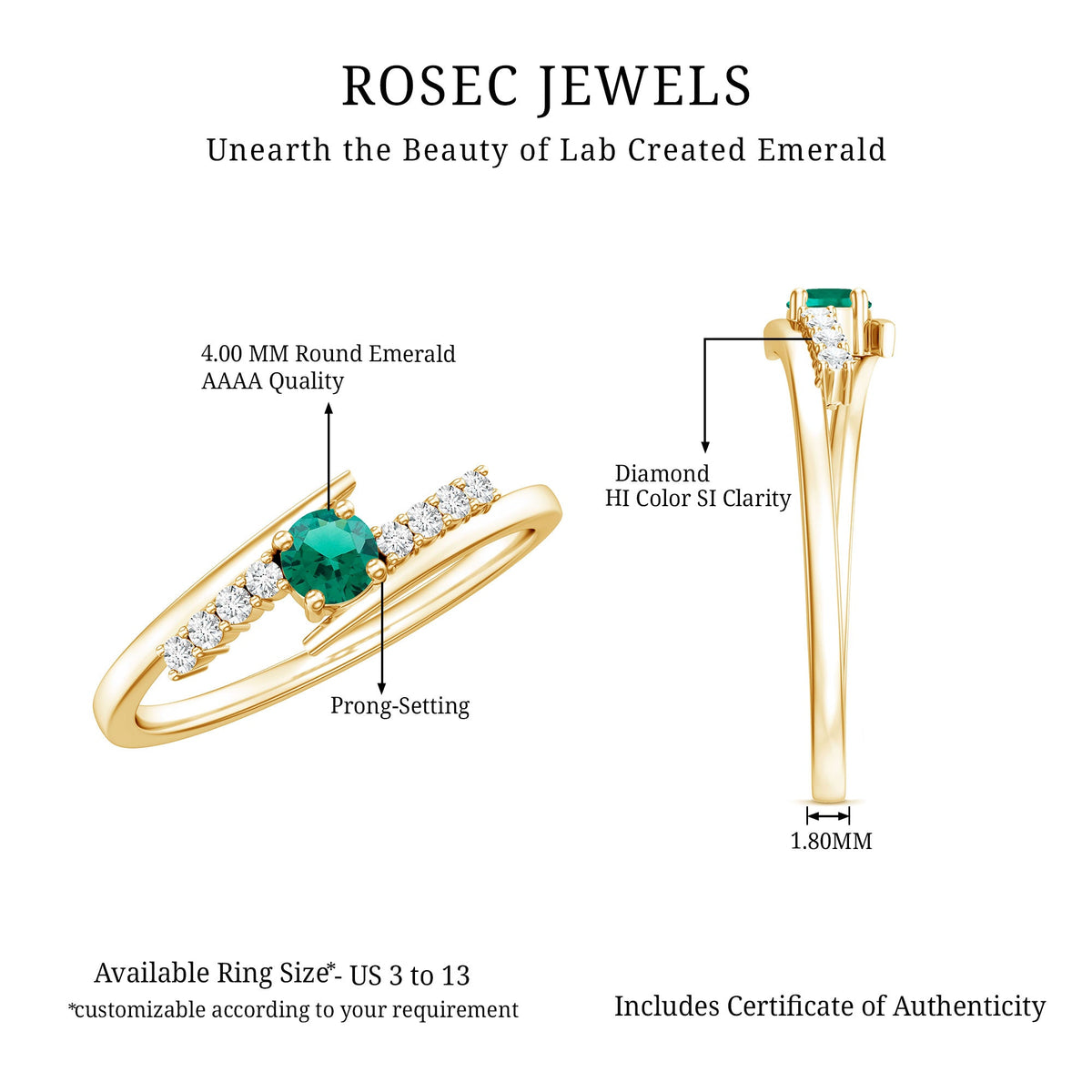 Certified Lab Grown Emerald Diamond Simple Promise Ring with Bypass Shank
