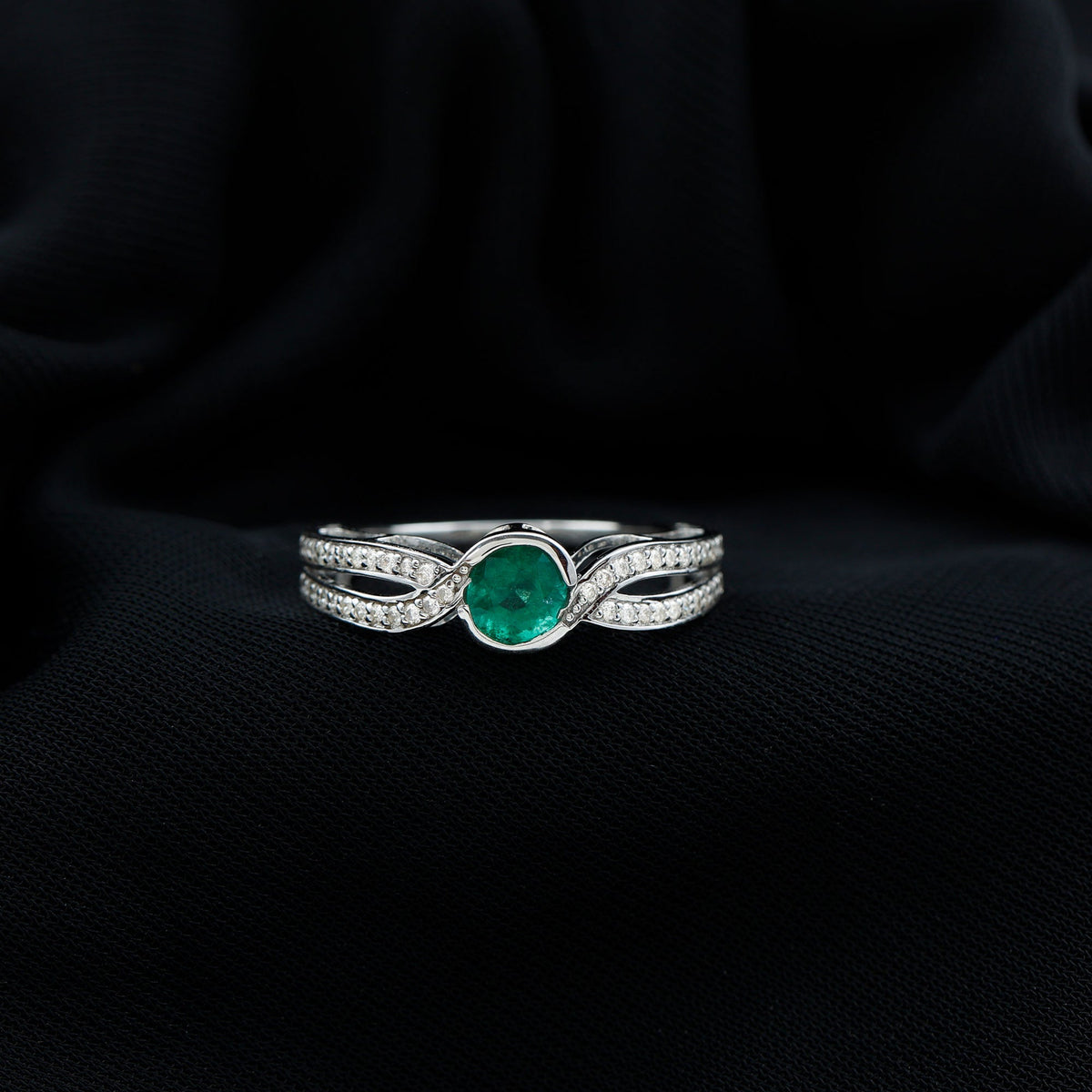 Round Cut Genuine Emerald and Diamond Designer Engagement Ring