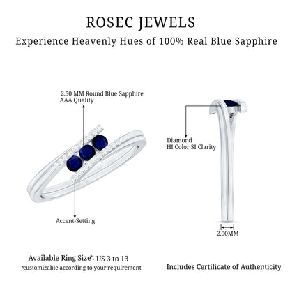 Natural Blue Sapphire 3 Stone Promise Ring with Diamond Bypass Shank