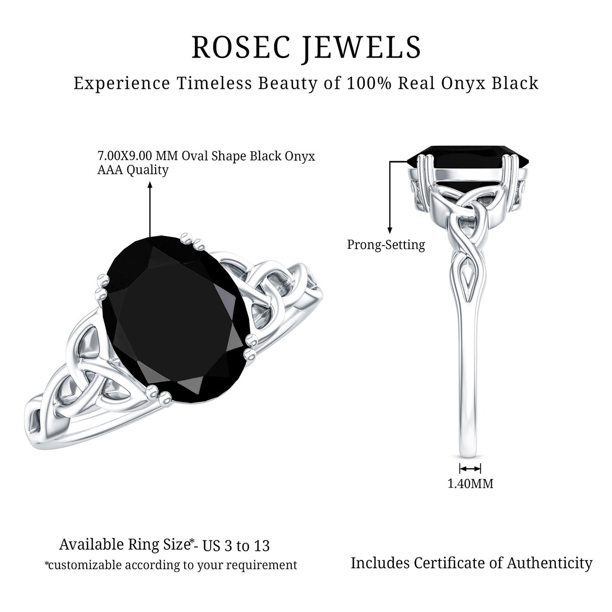 Natural 1.7 Carat Black Onyx Oval Engagement Ring with Celtic Knot
