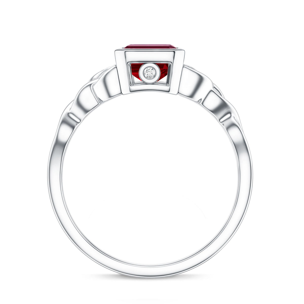 Bezel Set Emerald Cut Lab Created Ruby Celtic Engagement Ring