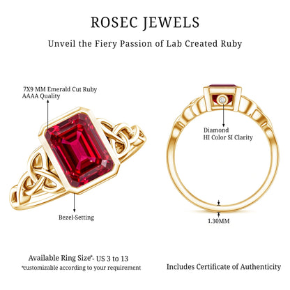 Bezel Set Emerald Cut Lab Created Ruby Celtic Engagement Ring